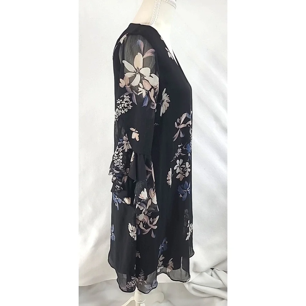 Calvin Klein Dress Sz 6 Black Chiffon Ruffles Floral Whimsigoth Fairy‎ Event EUC